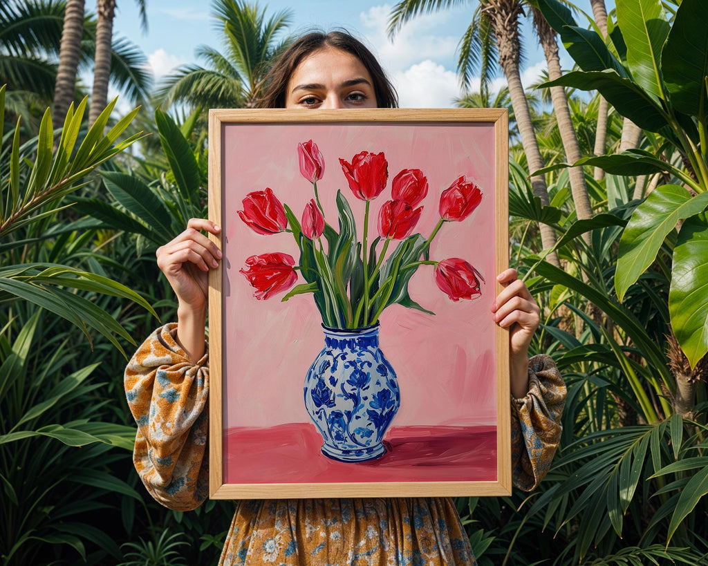 Colourful Prints | Red Tulips Print | Pink Botanical Art, Blue Vase Poster wall art print, modern home decor, unframed artwork by Nomad & Nest