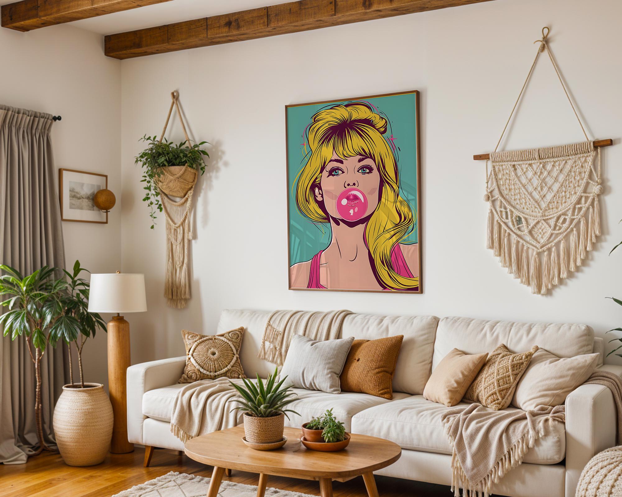 Modern Pop Art | Print | Blonde Bubble Gum Girl, Retro Comic Style wall art print, modern home decor, unframed artwork by Nomad & Nest