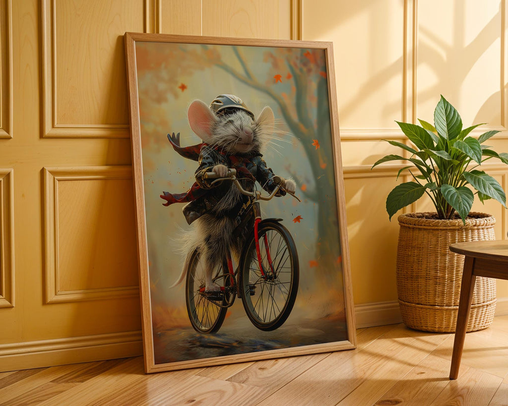 Autumn Mouse Bicycle Print | Whimsical Animal Art, Kids Room Decor wall art print, modern home decor, unframed artwork by Nomad & Nest
