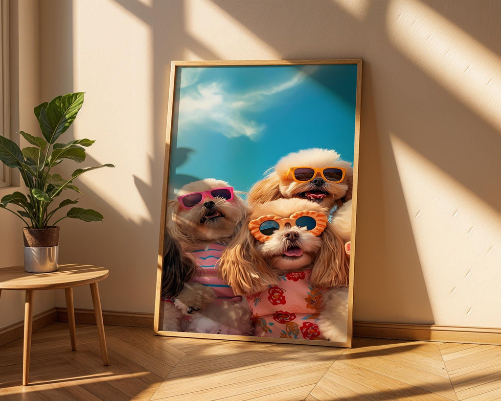 Colourful Prints | Funny Dogs Beach Print | Tropical Pup Art with Sunglasses wall art print, modern home decor, unframed artwork by Nomad & Nest