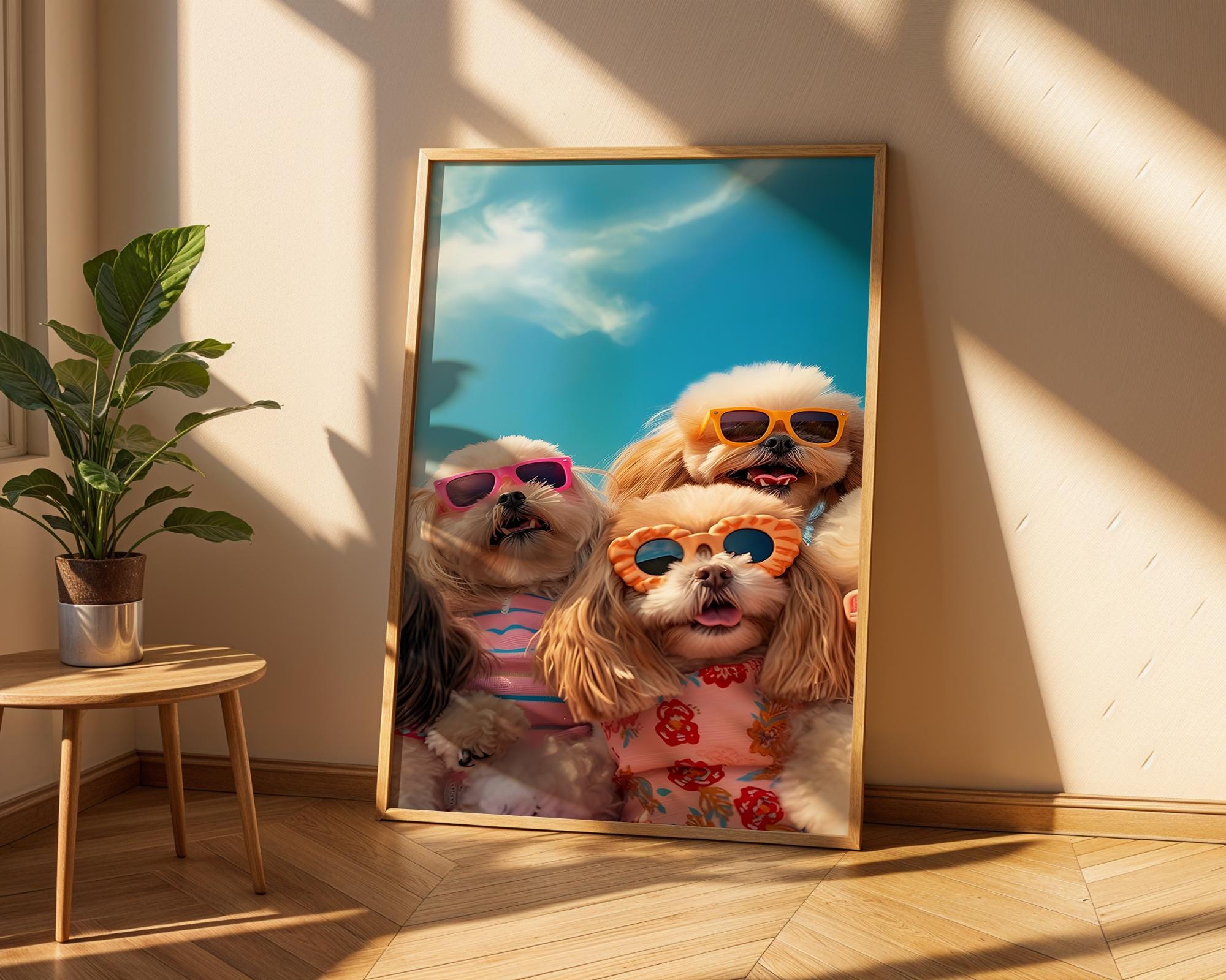 Colourful Prints | Funny Dogs Beach Print | Tropical Pup Art with Sunglasses wall art print, modern home decor, unframed artwork by Nomad & Nest