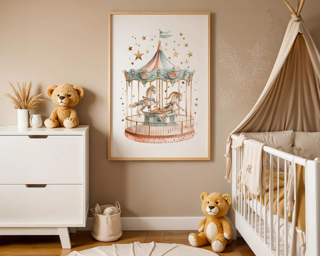 Playroom Ideas | Carousel Nursery Wall Art | Fairground Horses Baby Print wall art print, modern home decor, unframed artwork by Nomad & Nest