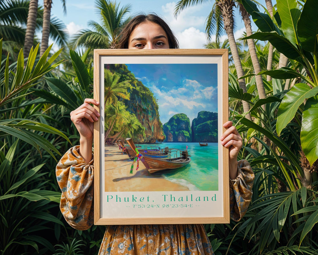 Phuket Thailand Art Print – Longtail Boat, Tropical Beach Poster wall art print, modern home decor, unframed artwork by Nomad & Nest