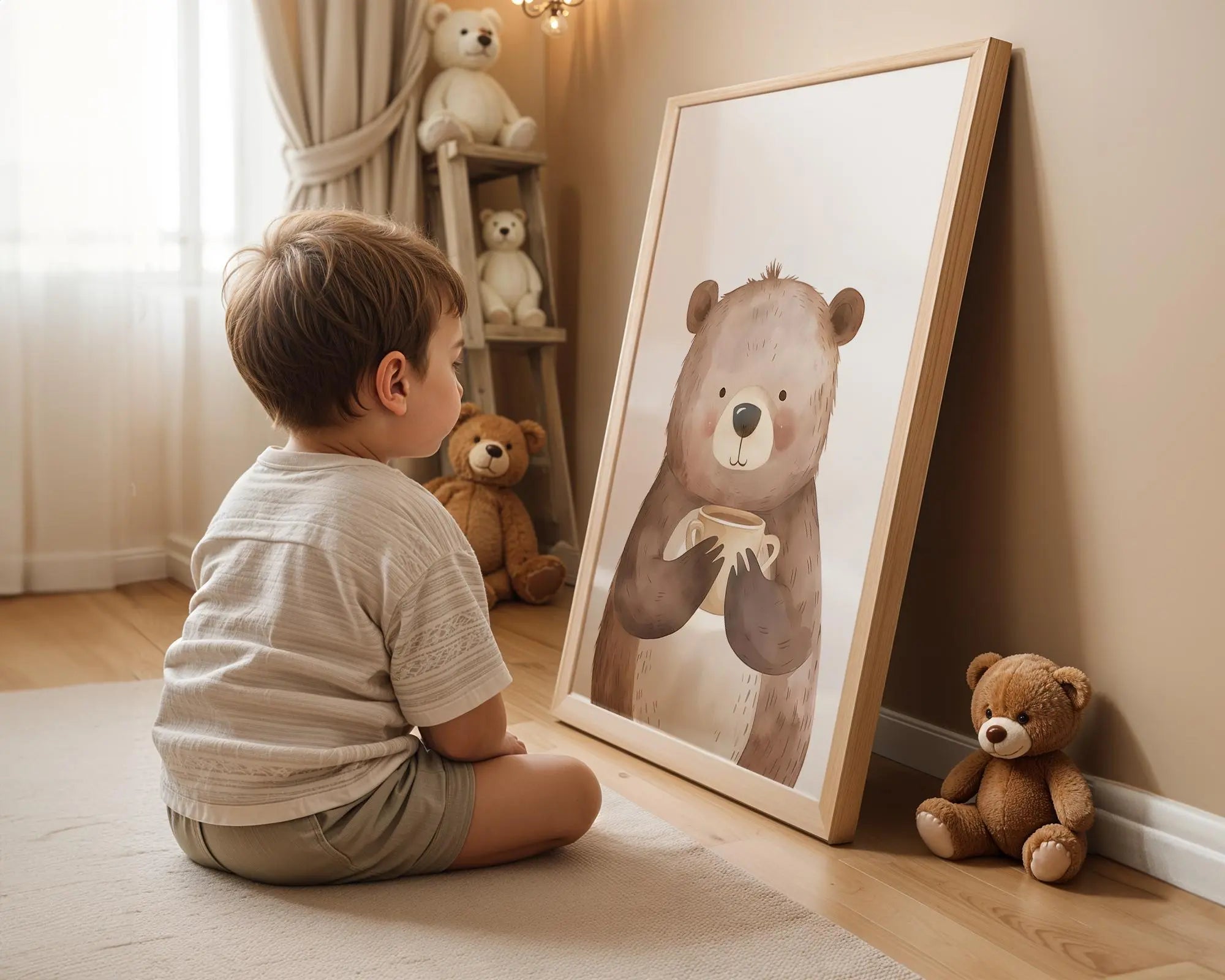 Playroom Ideas | Bear With Cup Nursery Wall Art | Cozy Woodland Baby Print wall art print, modern home decor, unframed artwork by Nomad & Nest