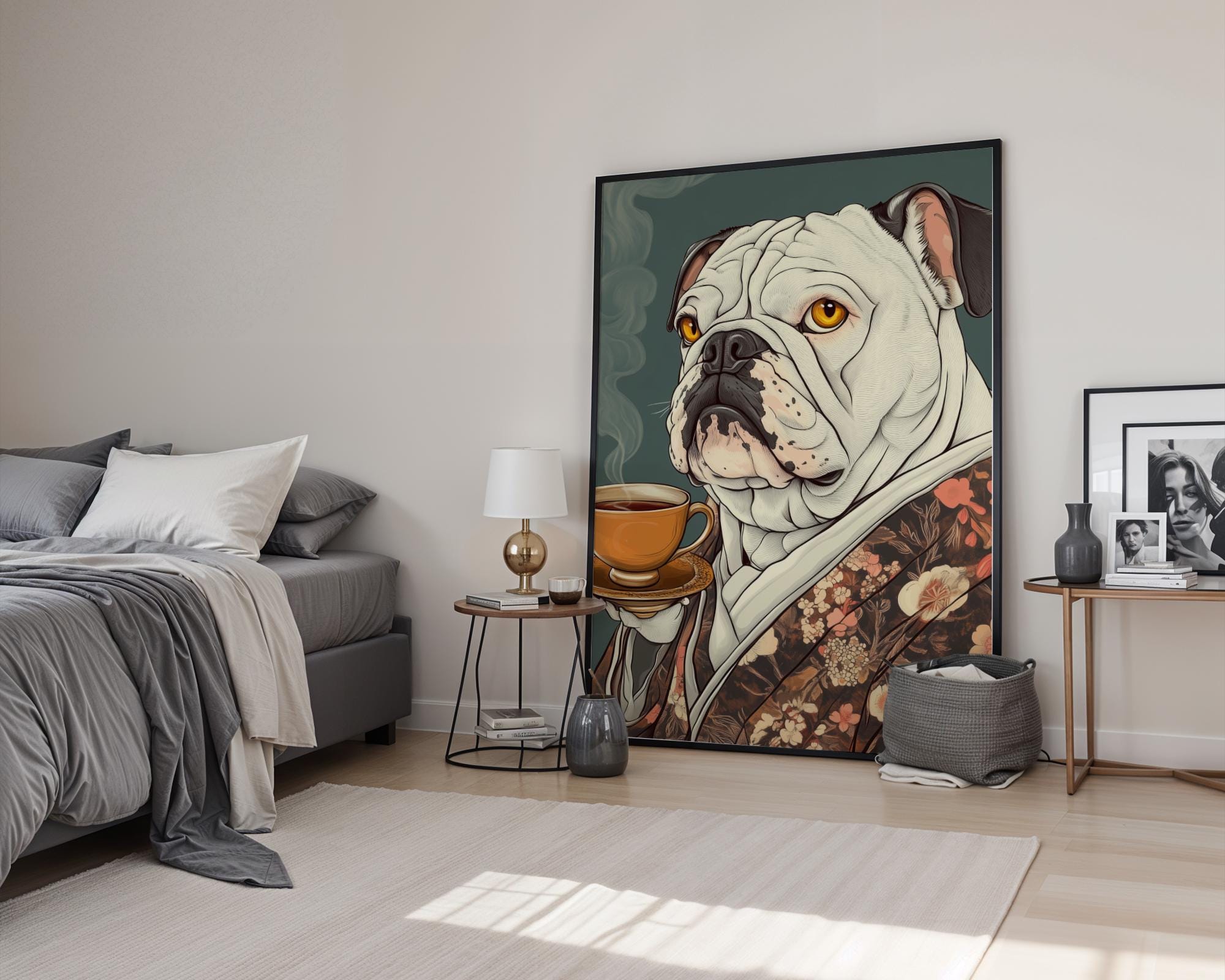 Japanese Poster | Bulldog Kimono Art Print – Funny Oriental Dog Tea wall art print, modern home decor, unframed artwork by Nomad & Nest