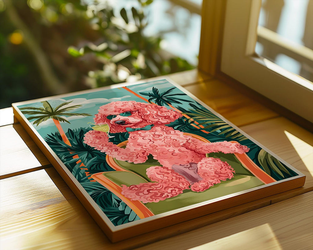 Colourful Prints | Pink Poodle Cocktail Art Print | Retro Tropical Dog Poster wall art print, modern home decor, unframed artwork by Nomad & Nest