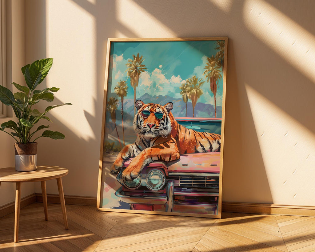 Colourful Prints | Sunglass Tiger Cadillac Print | Retro Tropical Wall Art wall art print, modern home decor, unframed artwork by Nomad & Nest