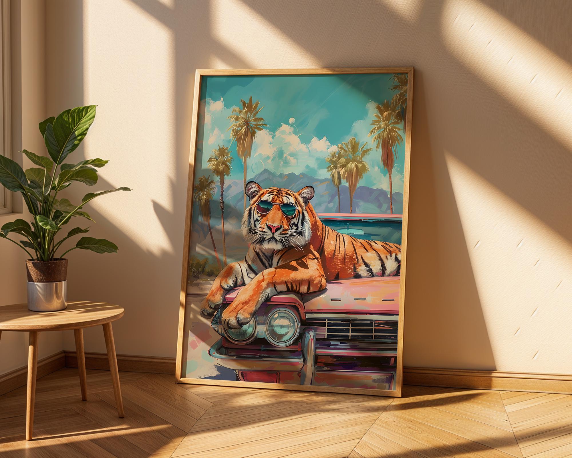 Colourful Prints | Sunglass Tiger Cadillac Print | Retro Tropical Wall Art wall art print, modern home decor, unframed artwork by Nomad & Nest