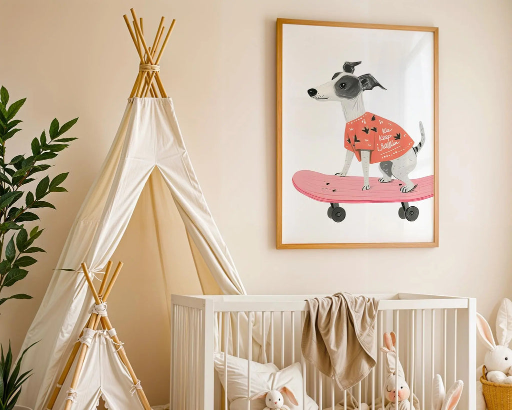 Playroom Ideas | Skate Dog Nursery Wall Art | Modern Animal Boho Print wall art print, modern home decor, unframed artwork by Nomad & Nest