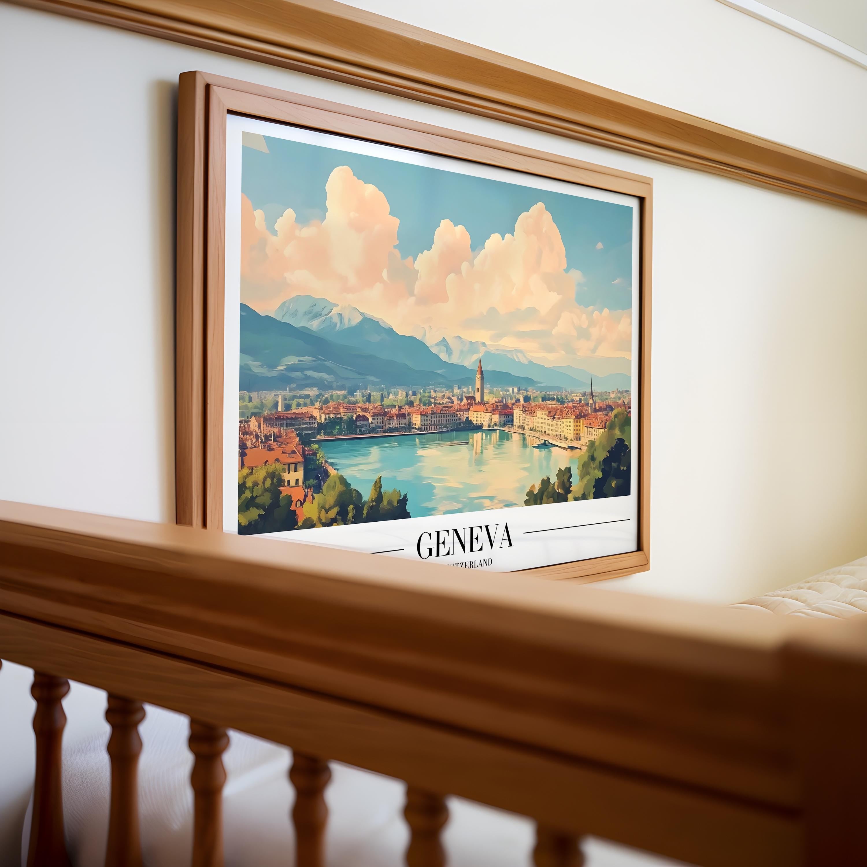Geneva Switzerland Poster | Vintage Travel Print, Lake Geneva Alps Art wall art print, modern home decor, unframed artwork by Nomad & Nest