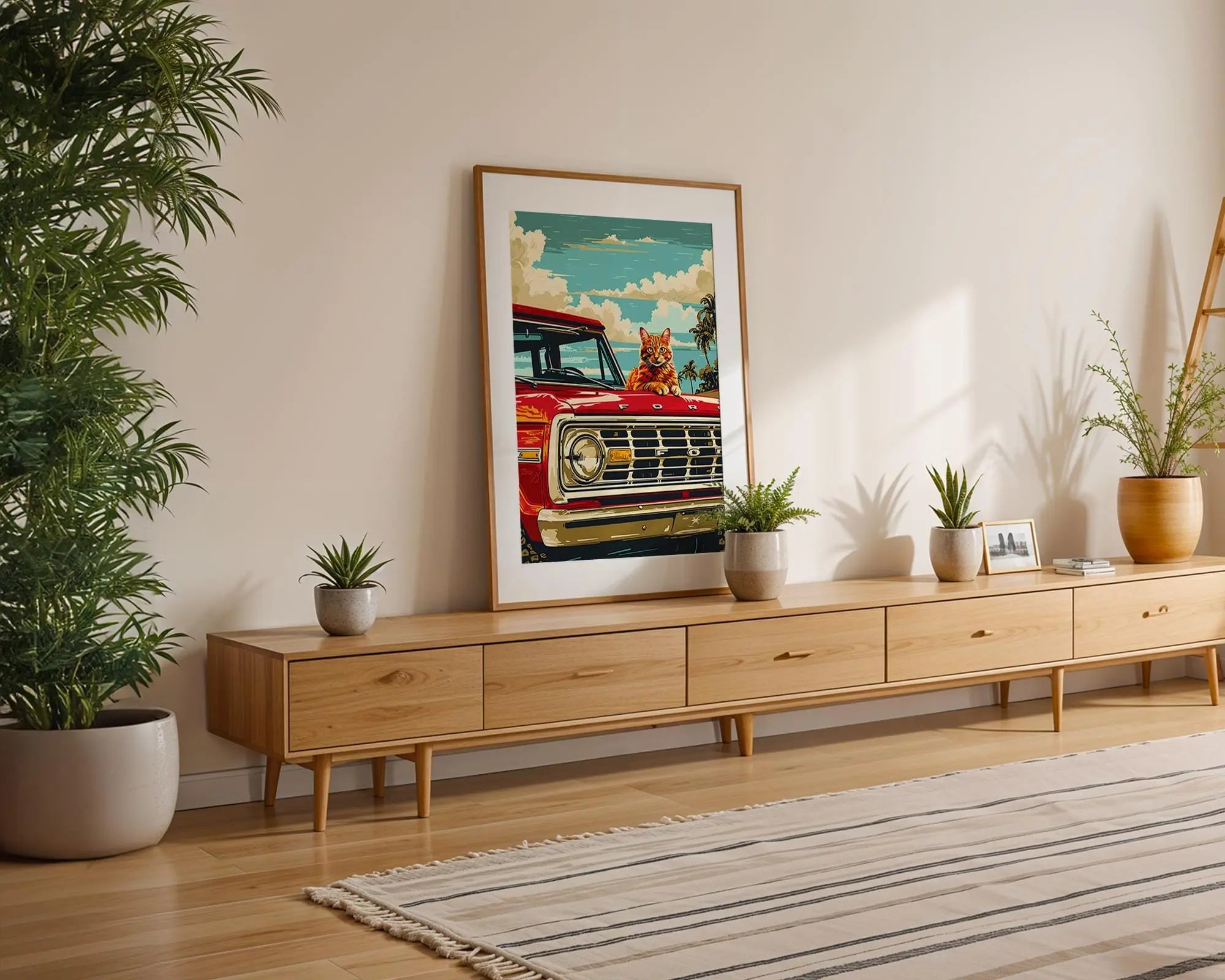 Modern Pop Art | Retro Cat  Print | Classic Red Ford Truck, Coastal  Decor wall art print, modern home decor, unframed artwork by Nomad & Nest