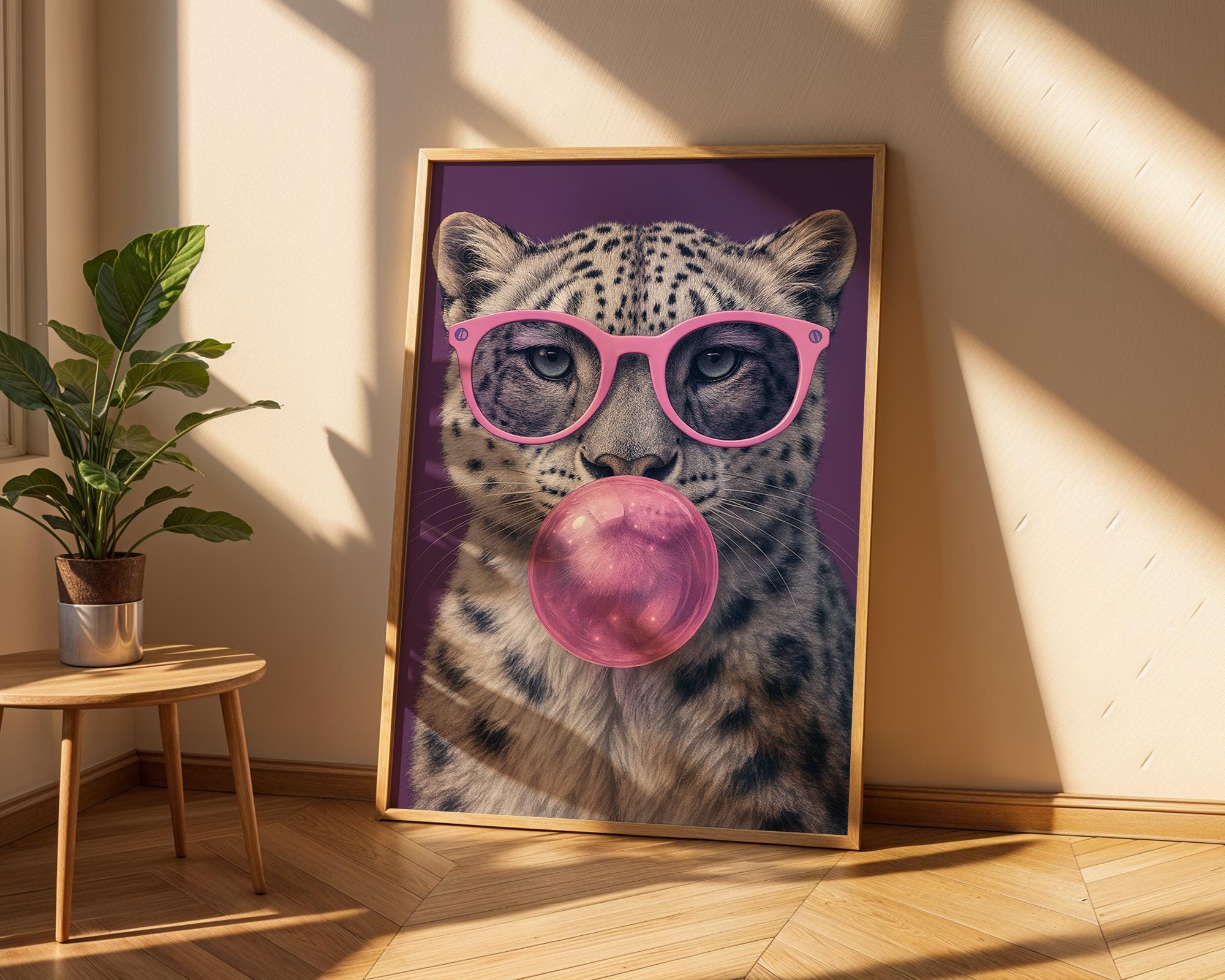 Colourful Prints | Snow Leopard Bubblegum Print | Funky Animal Art wall art print, modern home decor, unframed artwork by Nomad & Nest