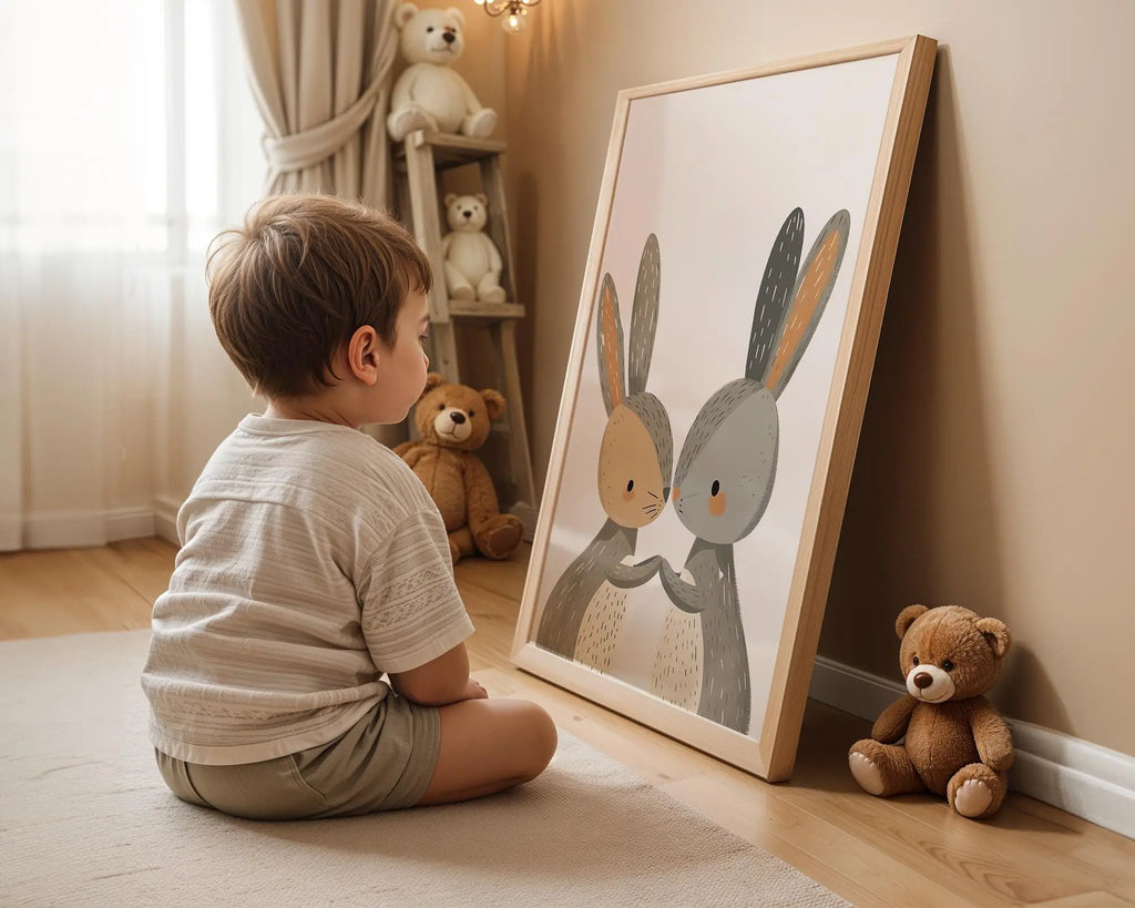 Playroom Ideas | Bunny Friends Nursery Wall Art | Boho Woodland Baby Print wall art print, modern home decor, unframed artwork by Nomad & Nest
