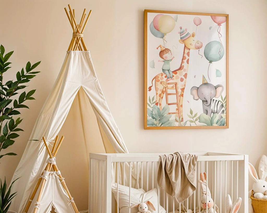 Playroom Ideas | Safari Friends Nursery Wall Art | Giraffe Elephant Balloon Print wall art print, modern home decor, unframed artwork by Nomad & Nest