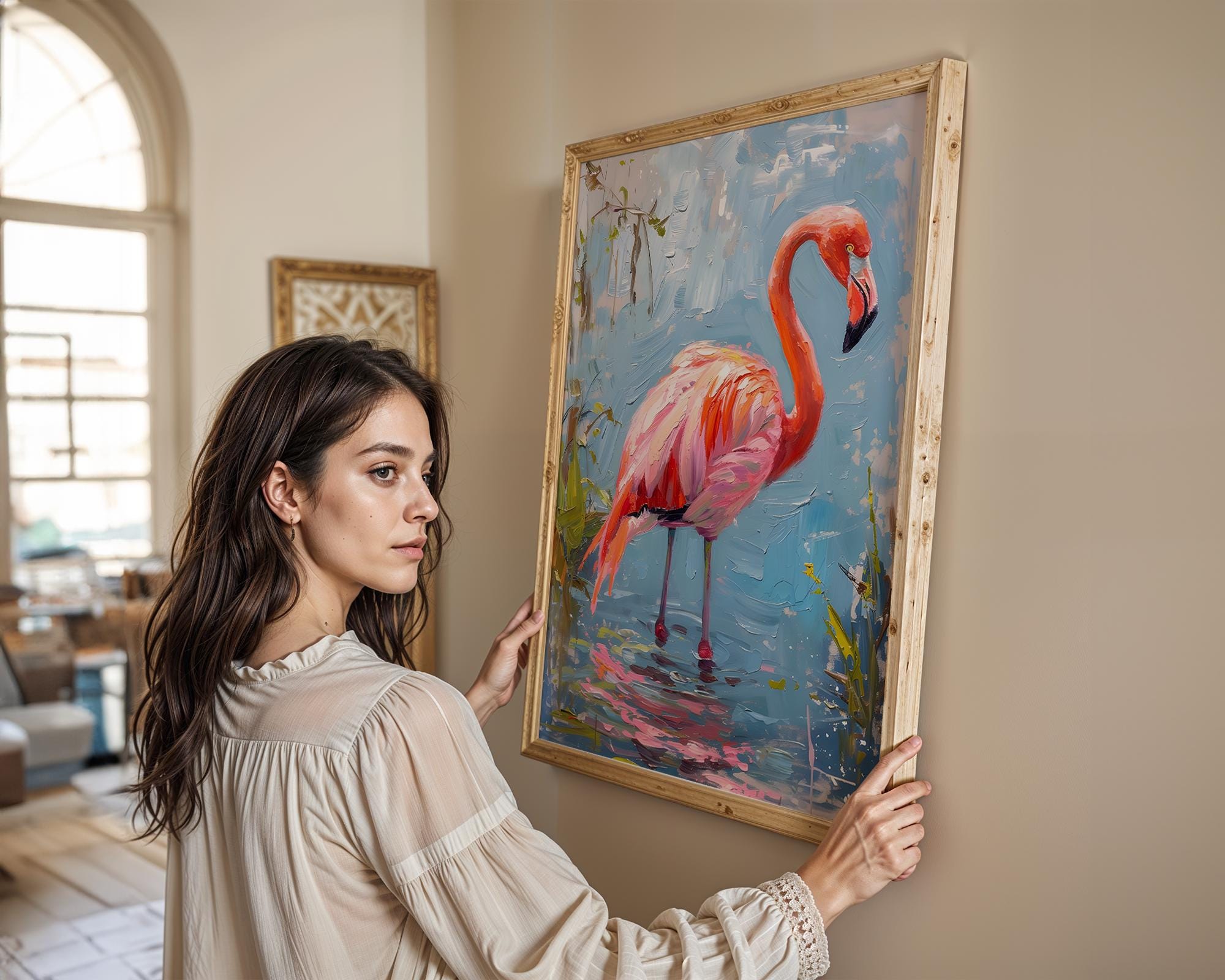 Modern Pop Art | Pink Flamingo Oil Painting | Tropical Bird Lake Scene Canvas Print wall art print, modern home decor, unframed artwork by Nomad & Nest