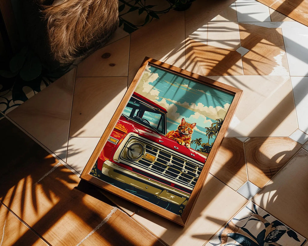 Modern Pop Art | Retro Cat  Print | Classic Red Ford Truck, Coastal  Decor wall art print, modern home decor, unframed artwork by Nomad & Nest