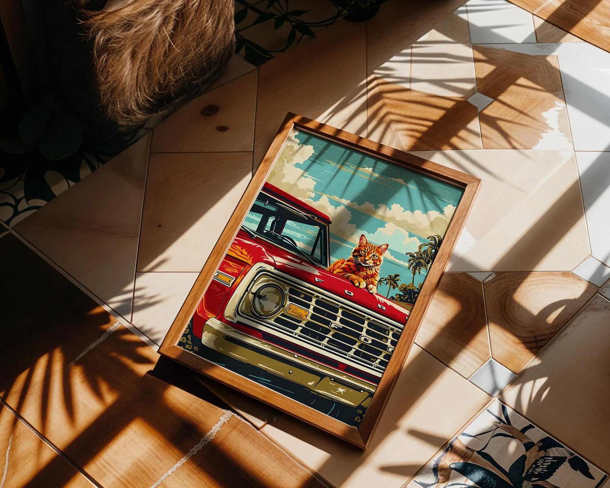 Modern Pop Art | Retro Cat  Print | Classic Red Ford Truck, Coastal  Decor wall art print, modern home decor, unframed artwork by Nomad & Nest