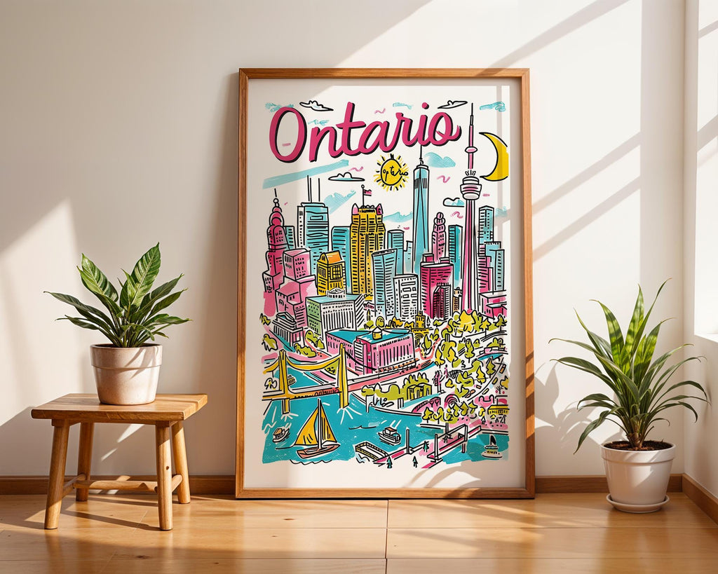 Ontario Canada Travel Poster | Colorful Cityscape Lake View Art Print wall art print, modern home decor, unframed artwork by Nomad & Nest