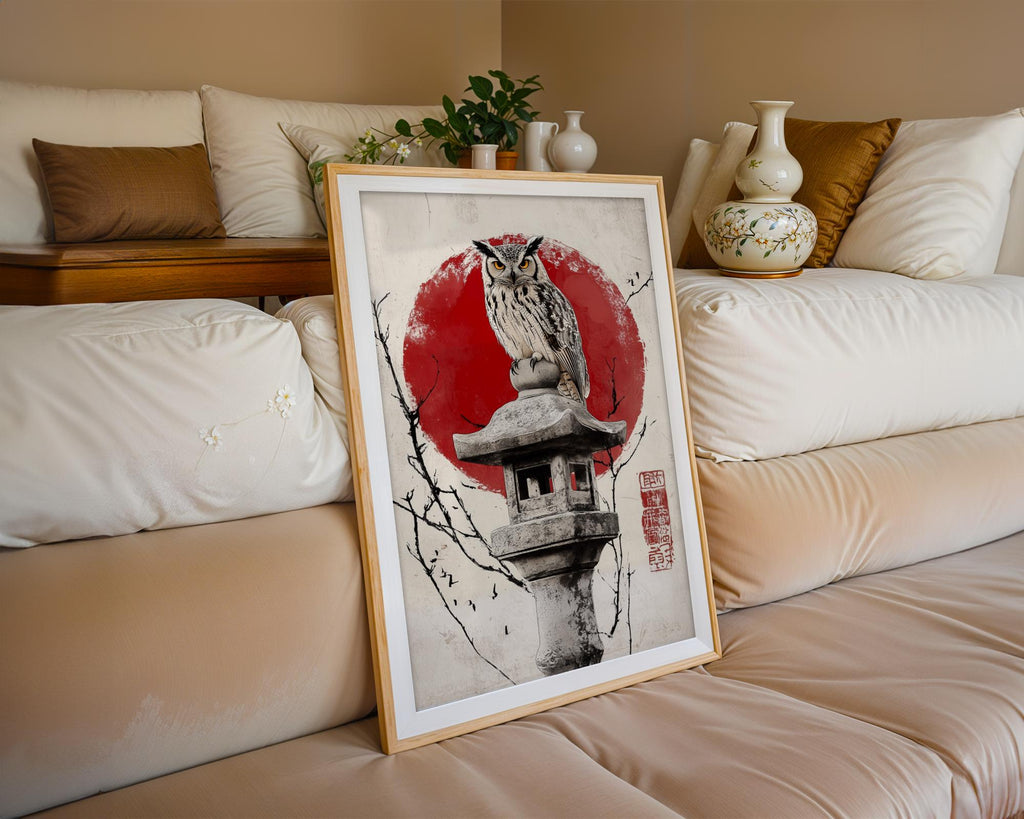 Japanese Poster | Owl Print – Red Sun, Zen Bird Art wall art print, modern home decor, unframed artwork by Nomad & Nest