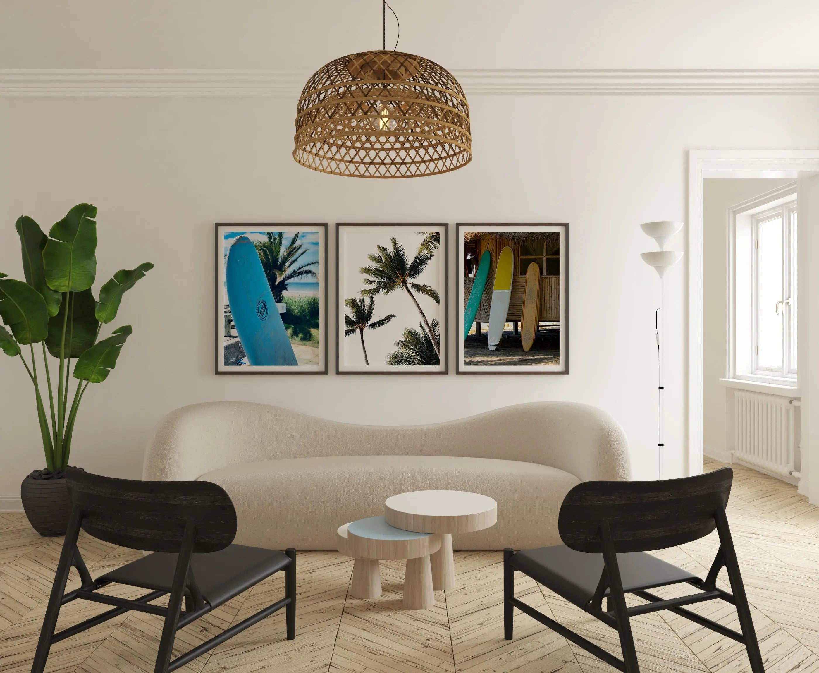 Colourful Prints | Tropical Surfboard & Palm Tree Print Set, Coastal Photography Wall Art wall art print, modern home decor, unframed artwork by Nomad & Nest