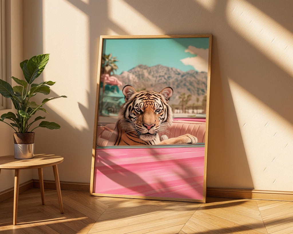 Tiger in Pink Convertible Print | Retro Palm Springs Wall Art wall art print, modern home decor, unframed artwork by Nomad & Nest
