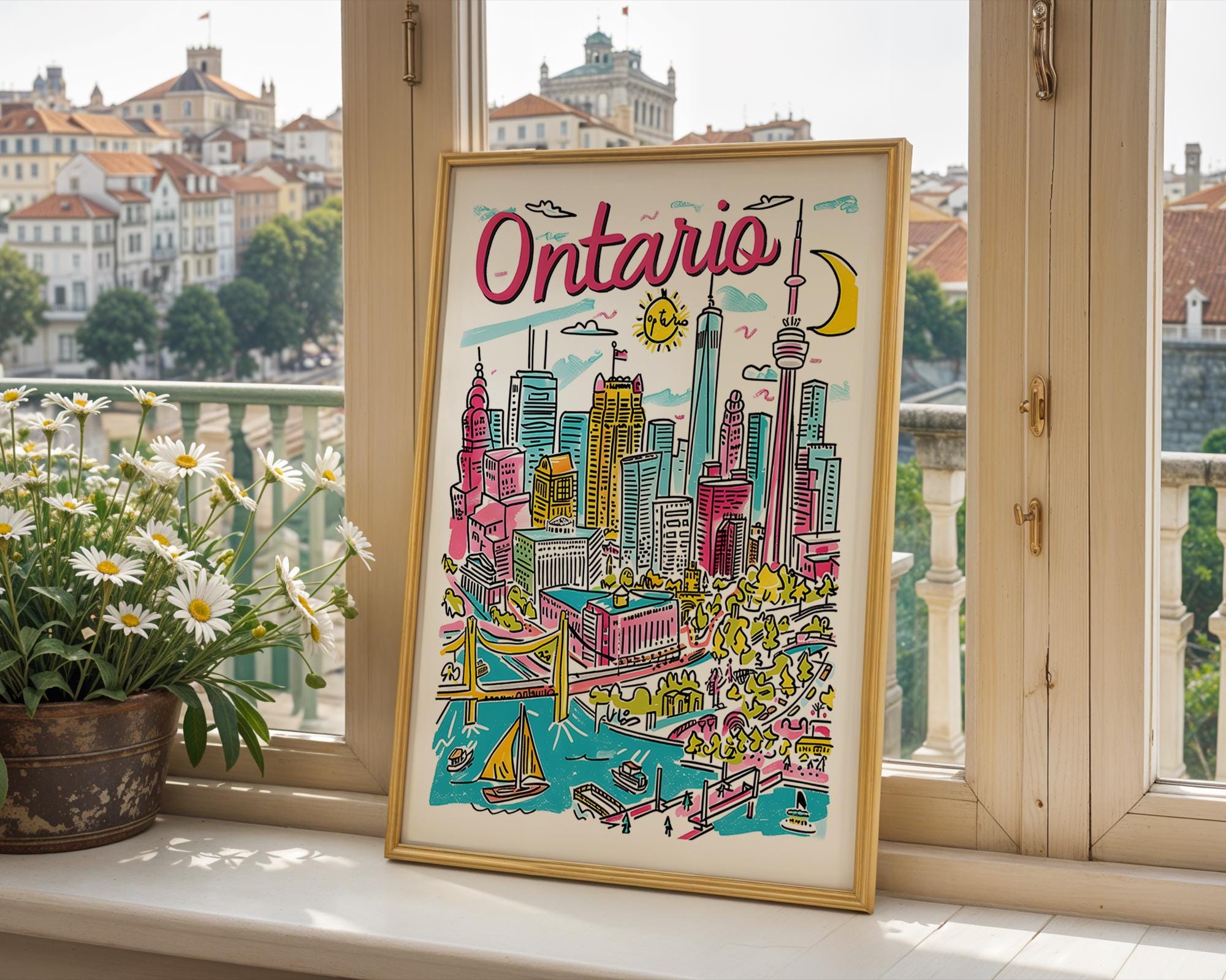 Ontario Canada Travel Poster | Colorful Cityscape Lake View Art Print wall art print, modern home decor, unframed artwork by Nomad & Nest