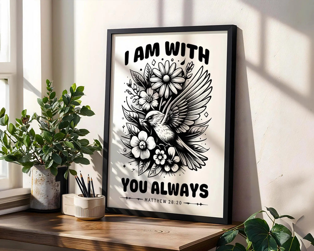 Matthew 28:20 Scripture Print | Bird and Flowers Christian Wall Art wall art print, modern home decor, unframed artwork by Nomad & Nest