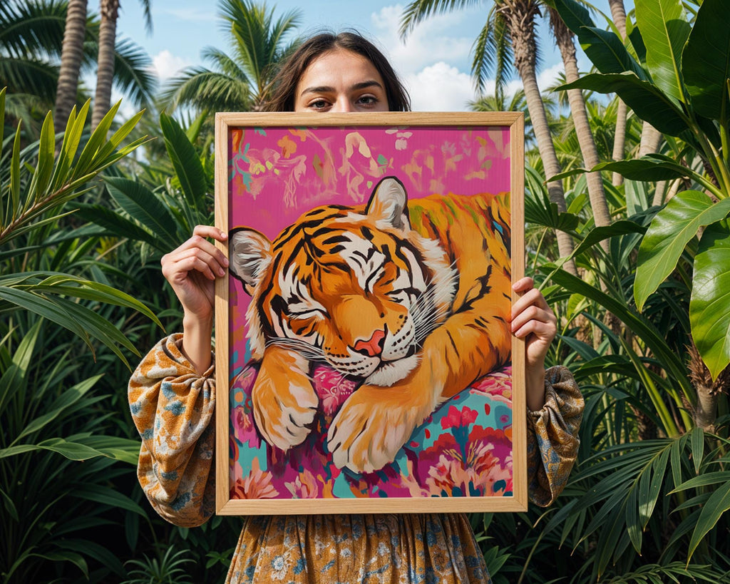 Sleeping Tiger Art Print | Pink Floral Cushion, Whimsical Jungle Decor wall art print, modern home decor, unframed artwork by Nomad & Nest