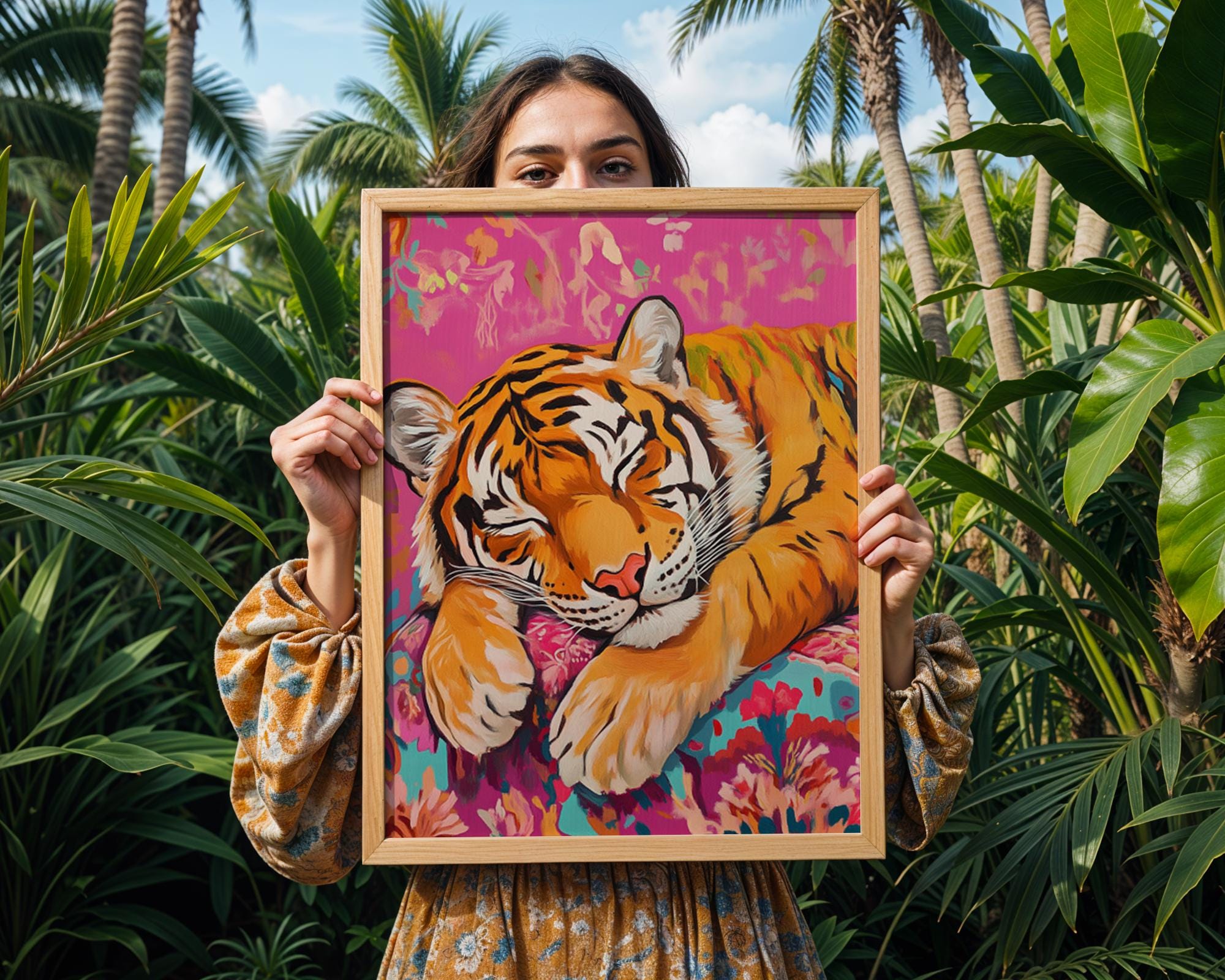 Sleeping Tiger Art Print | Pink Floral Cushion, Whimsical Jungle Decor wall art print, modern home decor, unframed artwork by Nomad & Nest