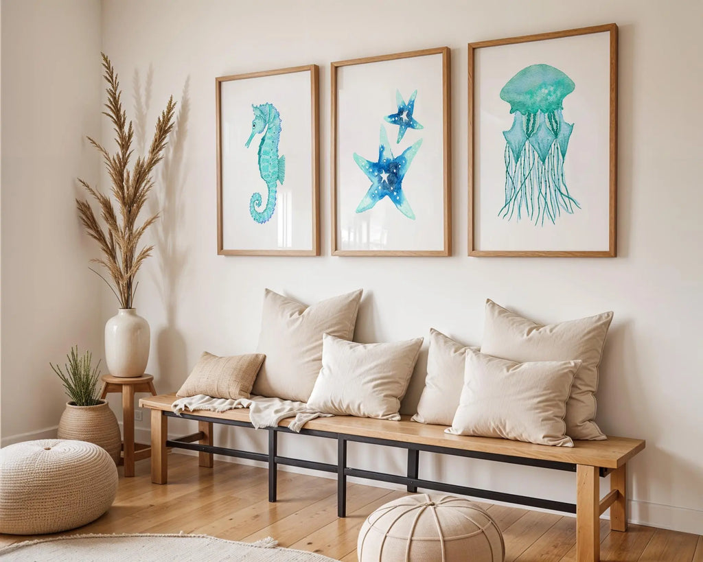 Colourful Prints | Watercolor Sea Creatures Print Set • Coastal Bathroom Decor wall art print, modern home decor, unframed artwork by Nomad & Nest