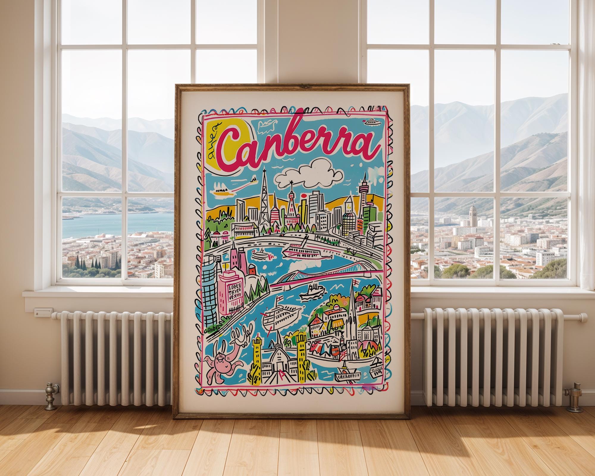 Canberra Australia Poster | Colorful Cityscape Travel Art Print wall art print, modern home decor, unframed artwork by Nomad & Nest
