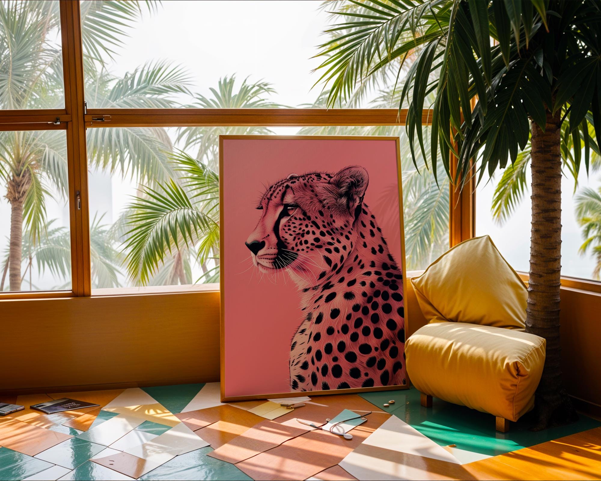 Colourful Prints | Pink Leopard Print | Graphic Jungle Cat on Coral wall art print, modern home decor, unframed artwork by Nomad & Nest