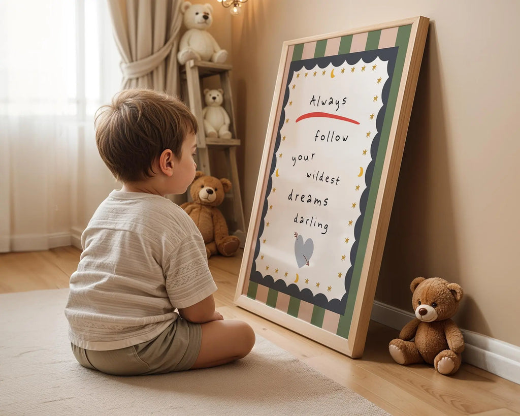 Playroom Ideas | Follow Your Wildest Dreams Nursery Wall Art | Moon Quote Print wall art print, modern home decor, unframed artwork by Nomad & Nest