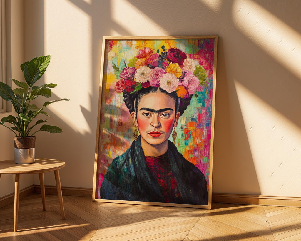 Frida Kahlo Portrait Print | Colourful Floral Crown, Impasto Texture wall art print, modern home decor, unframed artwork by Nomad & Nest
