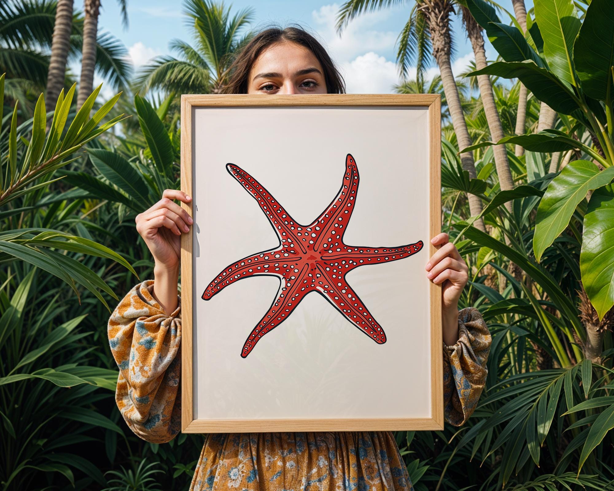 Bright Red Starfish Print, Coastal Sea Life Poster wall art print, modern home decor, unframed artwork by Nomad & Nest