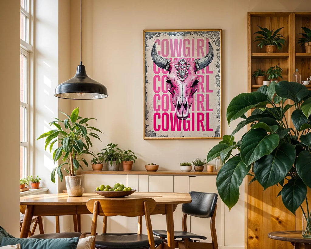 Pink Cowgirl Skull Art Print – Rhinestone Western Glam Decor wall art print, modern home decor, unframed artwork by Nomad & Nest