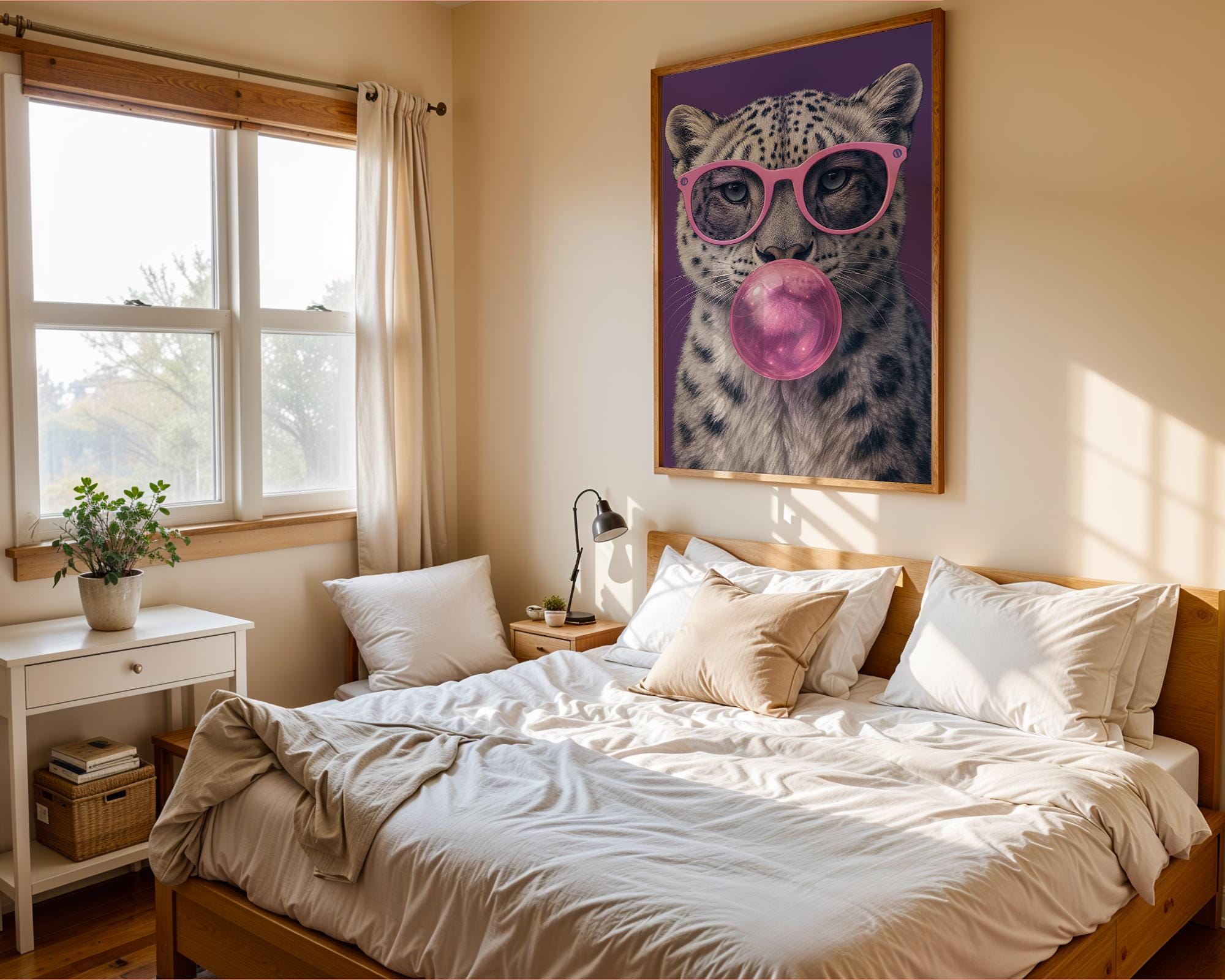 Colourful Prints | Snow Leopard Bubblegum Print | Funky Animal Art wall art print, modern home decor, unframed artwork by Nomad & Nest