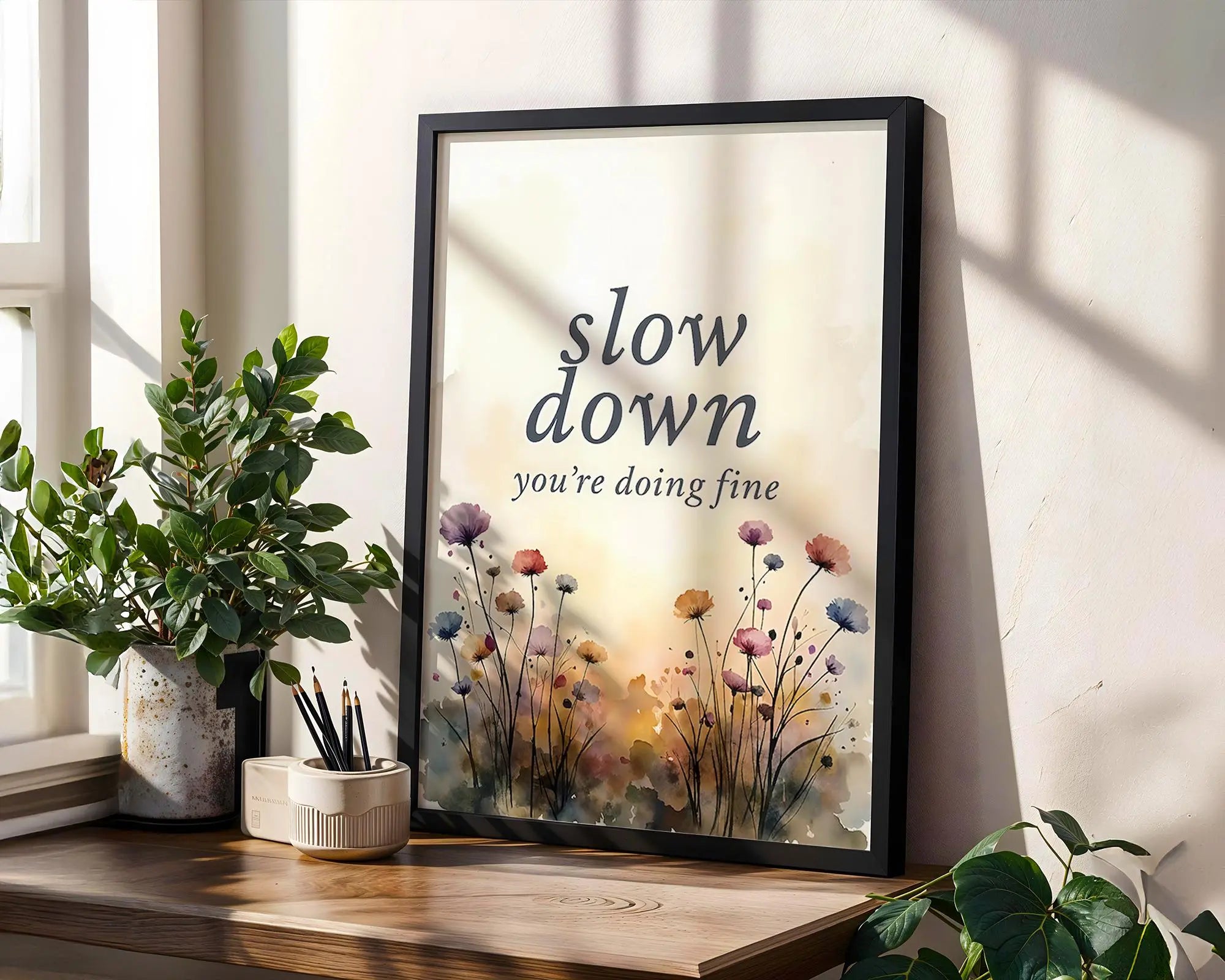 Positive Emotion | Slow Down You’re Doing Fine | Soft Floral Watercolour Encouragement Art wall art print, modern home decor, unframed artwork by Nomad & Nest