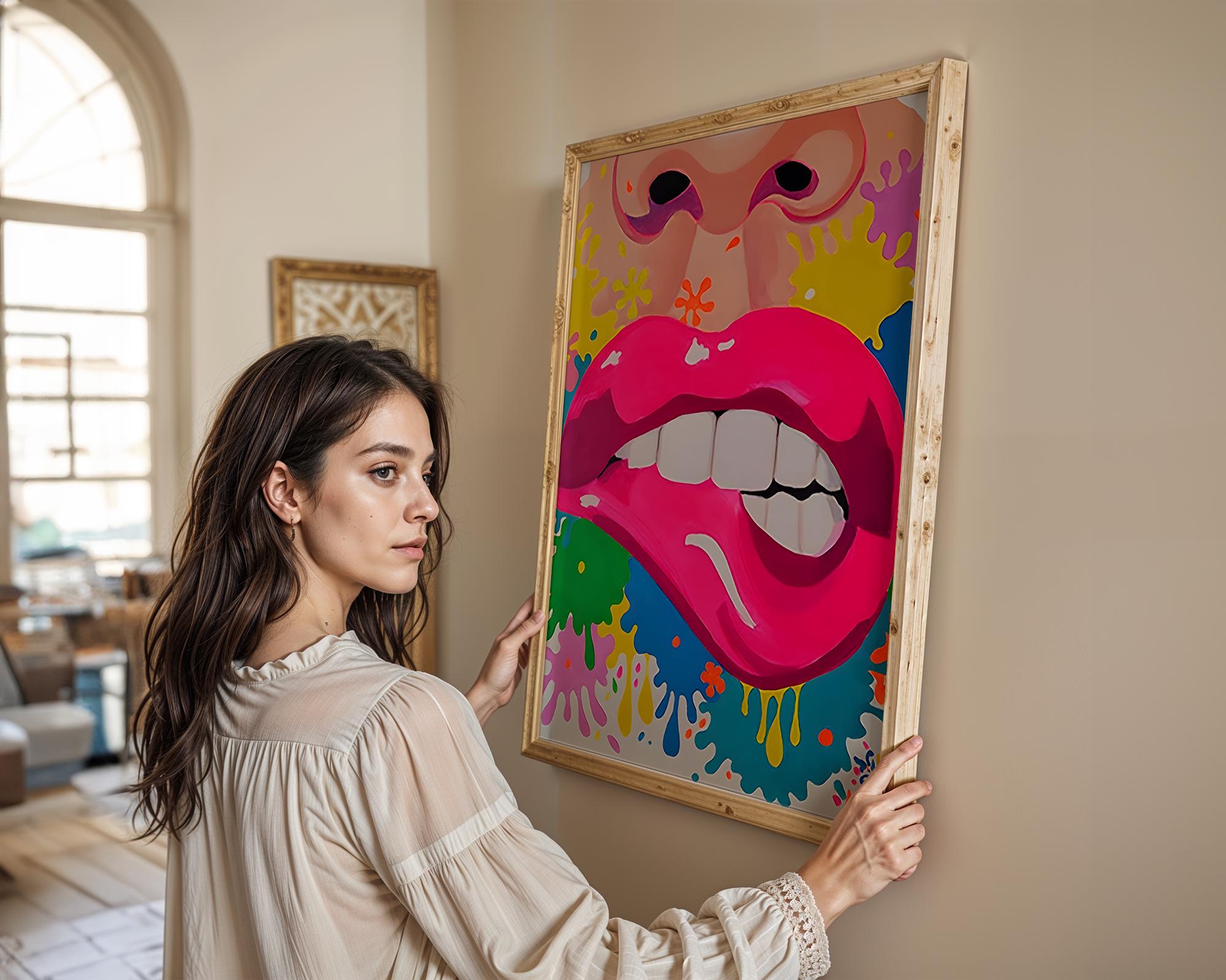 Modern Pop Art | Neon Pink Lips  Print | Retro Graffiti Mouth Illustration wall art print, modern home decor, unframed artwork by Nomad & Nest