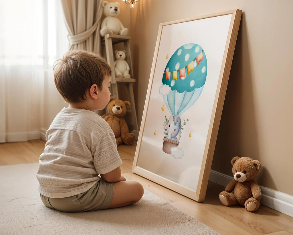 Playroom Ideas | Elephant Balloon Nursery Print | Cute Animal Wall Art wall art print, modern home decor, unframed artwork by Nomad & Nest