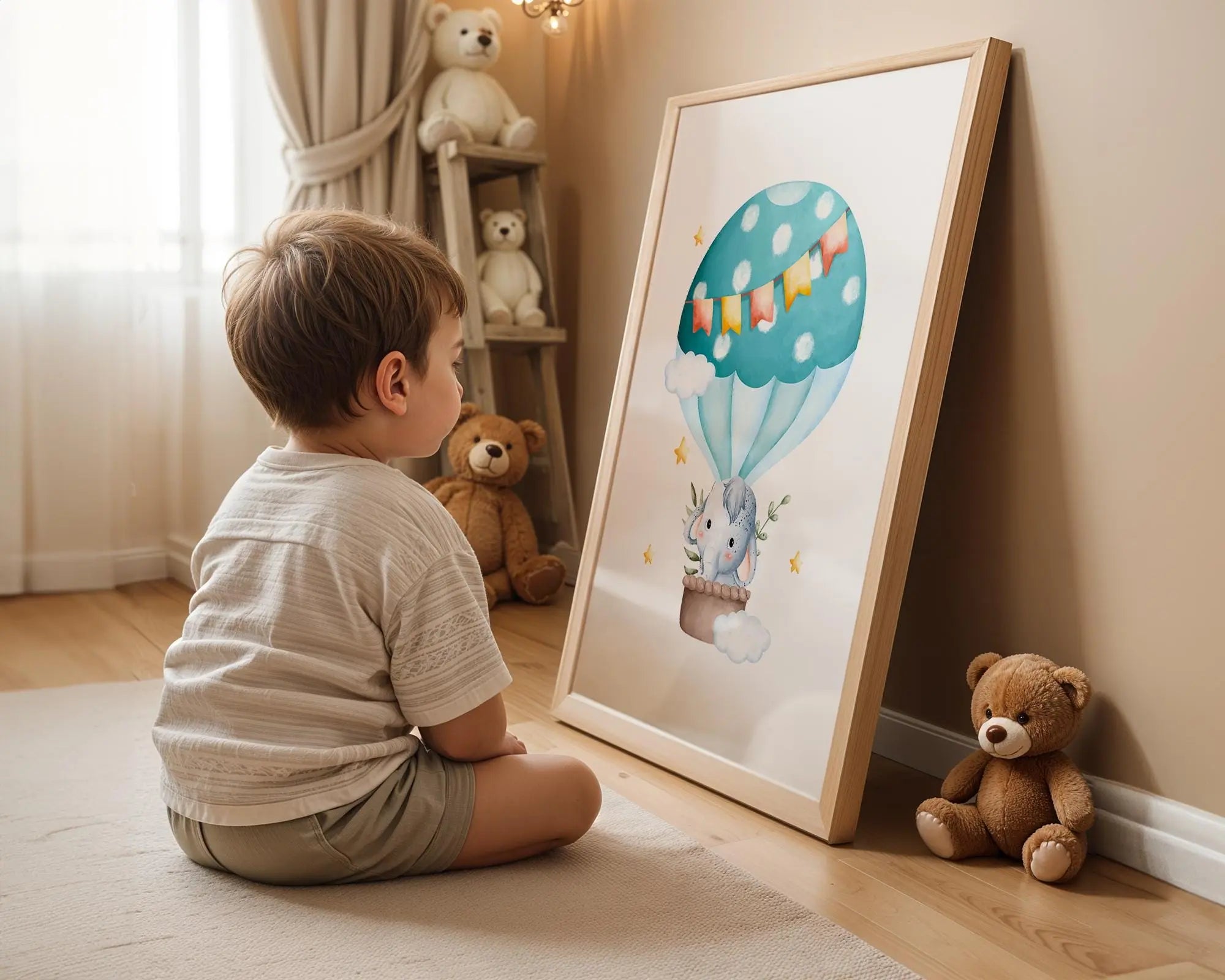Playroom Ideas | Elephant Balloon Nursery Print | Cute Animal Wall Art wall art print, modern home decor, unframed artwork by Nomad & Nest